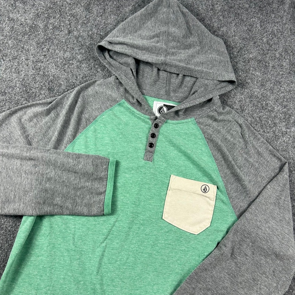 Volcom Hoodie Henley Mens Large Green Grey Raglan Long Sleeve Skate Shirt